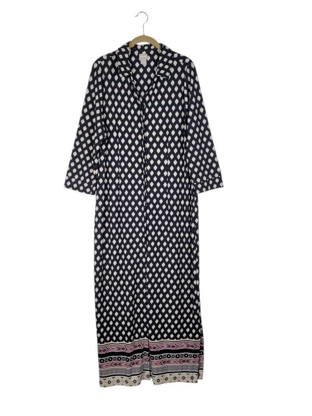 Chicos Diamond Print Maxi Shirt Dress 3/4 Sleeve Button Up Size 2 US Size 12/14